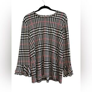 Karl Lagerfeld Paris Black White Houndstooth Bell Sleeve Top L Red Plaid